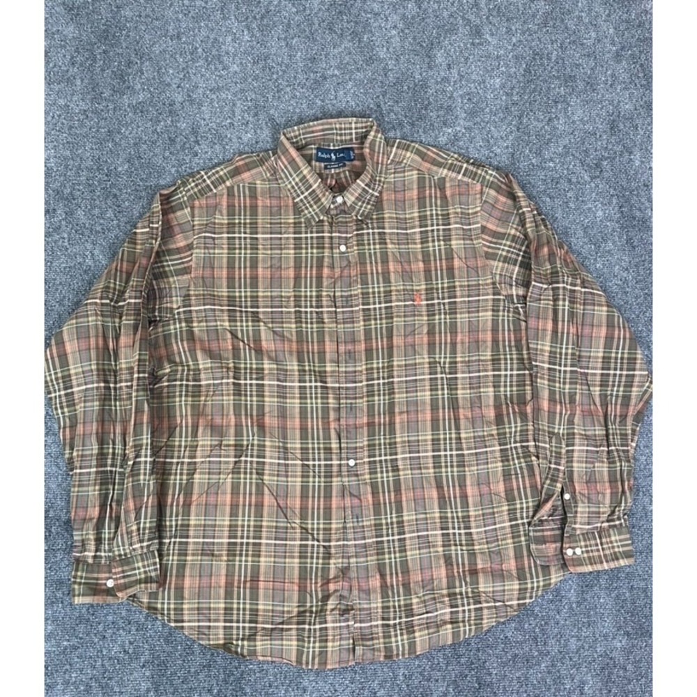 Ralph Lauren Brown Checked Button Up Shirt Long‎ Sleeve Classic Fit Size XXL-18